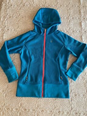 Spyder Core Sweater Jacket Women's Medium Turquoise  Hooded Full Zip Knit Fleece
